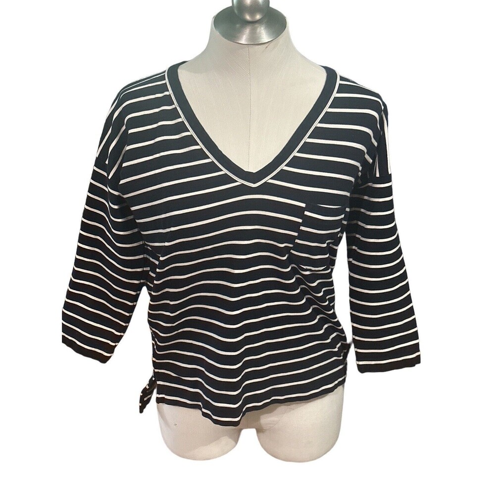 Madewell Stripe Slub Ponte Knit V-Neck Top Side Zippers Black White Size Medium